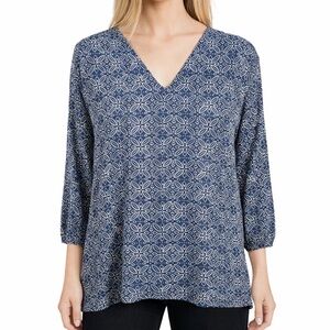 Pendleton Navy Floral Blouse V-Neck Whimsy Boho Casual Tunic Womens size M
